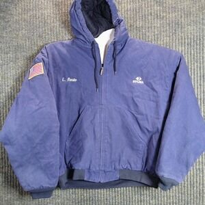 SIGMA Workwear Jacket Mens Blue Full Zip Hooded XL Resto American Flag Patch‎